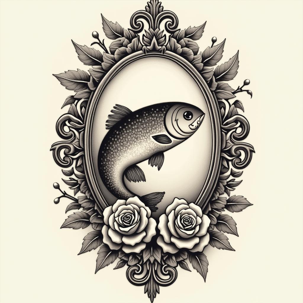 Solenn Poissons L’hay les Rosesin victorian style tattoo, featuring vintage and elegant elements, ornate frames, roses, antique, sepia-toned color scheme - Variation 1