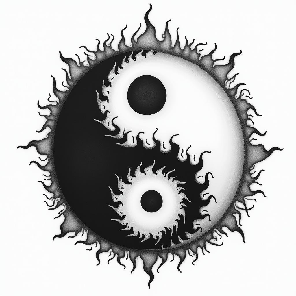 Yin Yang with flames around ithigly detailed tattoo - Variation 4