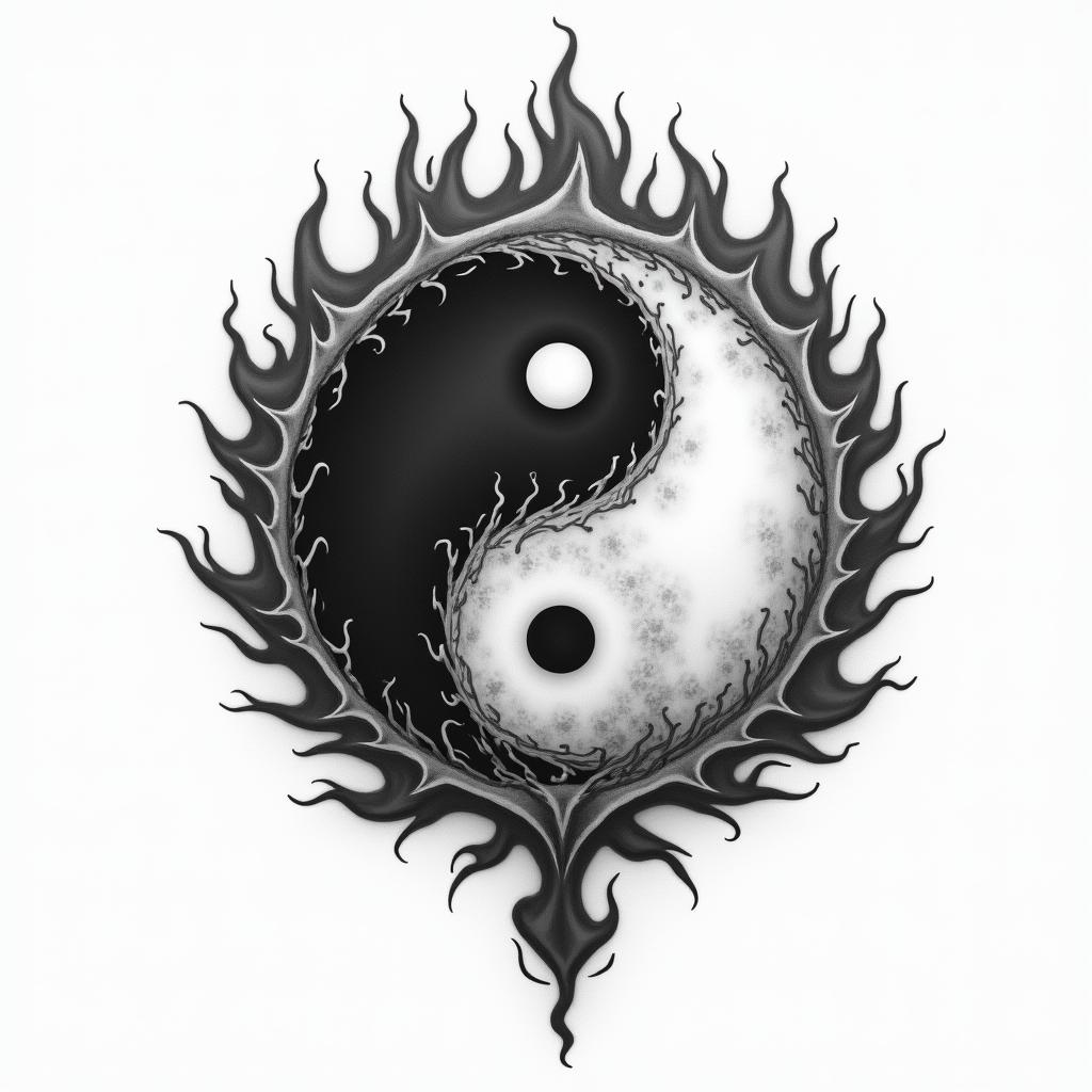 Yin Yang with flames around ithigly detailed tattoo