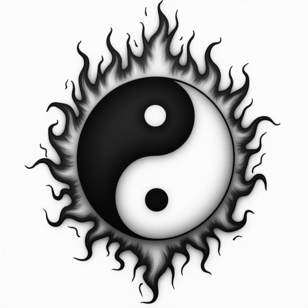 Yin Yang with flames around ithigly detailed tattoo - Variation 2