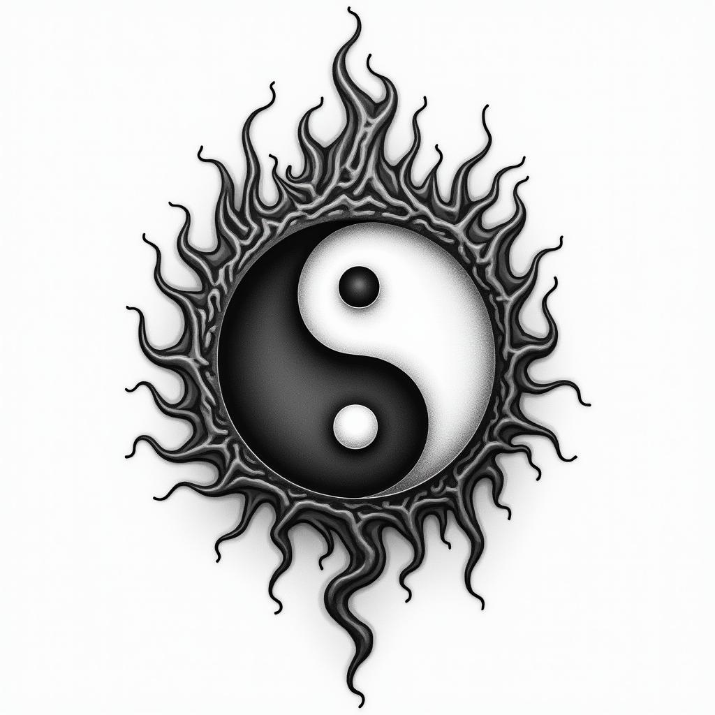 Yin Yang with flames around ithigly detailed tattoo - Variation 3