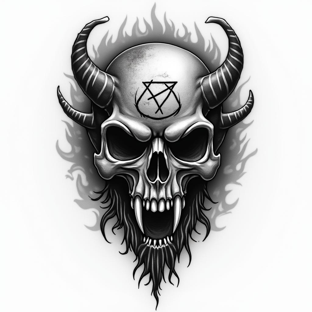 Yin Yang with flames around itcreepy horror tattoo style, featuring an eerie and unsettling skull of a demonic creature, distorted face with sharp fangs, add pentagram symbol - Variation 3