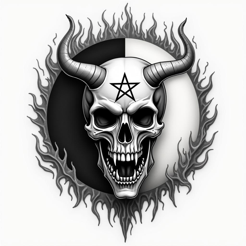 Yin Yang with flames around itcreepy horror tattoo style, featuring an eerie and unsettling skull of a demonic creature, distorted face with sharp fangs, add pentagram symbol - Variation 4