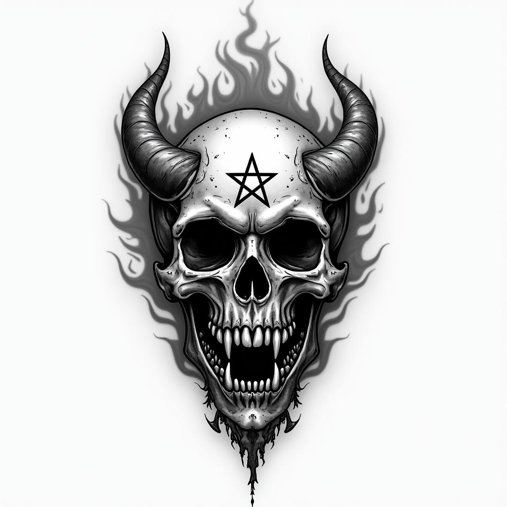 Yin Yang with flames around itcreepy horror tattoo style, featuring an eerie and unsettling skull of a demonic creature, distorted face with sharp fangs, add pentagram symbol - Variation 2