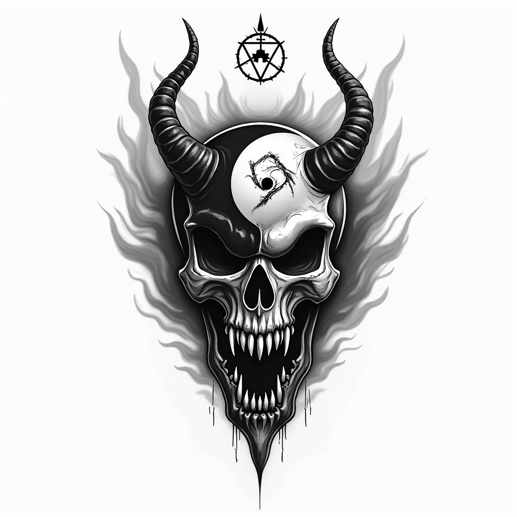 Yin Yang with flames around itcreepy horror tattoo style, featuring an eerie and unsettling skull of a demonic creature, distorted face with sharp fangs, add pentagram symbol - Variation 1