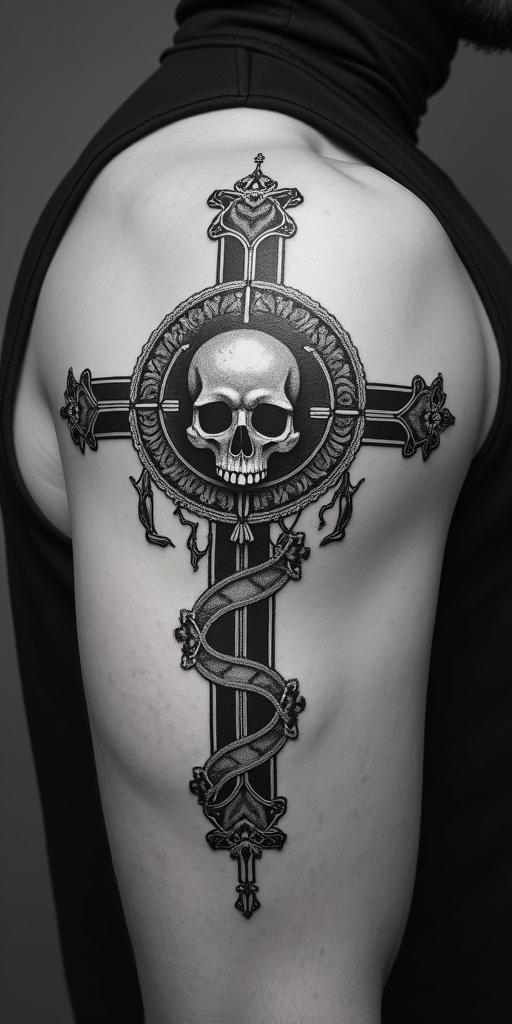 Sagittarius, December, Nestorin chicano style tattoo, featuring intricate black and grey shading, bold elements of traditional chicano culture symbols, add a big cross with skull, chains and roses - Variation 3