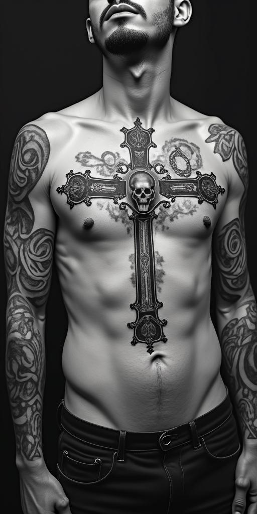 Sagittarius, December, Nestorin chicano style tattoo, featuring intricate black and grey shading, bold elements of traditional chicano culture symbols, add a big cross with skull, chains and roses - Variation 4