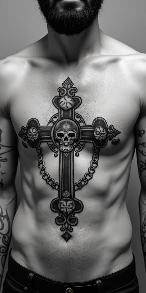 Sagittarius, December, Nestorin chicano style tattoo, featuring intricate black and grey shading, bold elements of traditional chicano culture symbols, add a big cross with skull, chains and roses - Variation 1