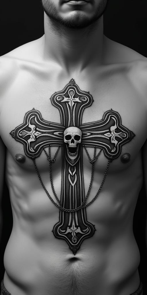 Sagittarius, December, Nestorin chicano style tattoo, featuring intricate black and grey shading, bold elements of traditional chicano culture symbols, add a big cross with skull, chains and roses - Variation 2