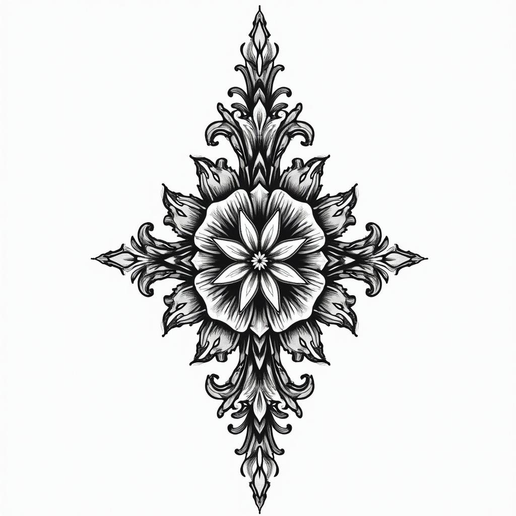 May 15, 1998in ornamental tattoo style, featuring intricate symmetrical patterns and floral designs, showcasing highly detailed line work and geometric shapes, creating a sense of elegance and balance