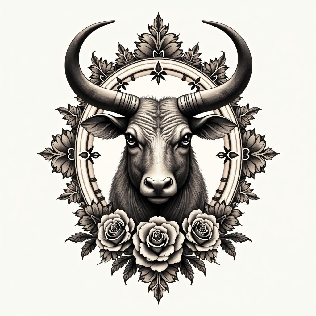 May 15 Taurusin victorian style tattoo, featuring vintage and elegant elements, ornate frames, roses, antique, sepia-toned color scheme - Variation 1