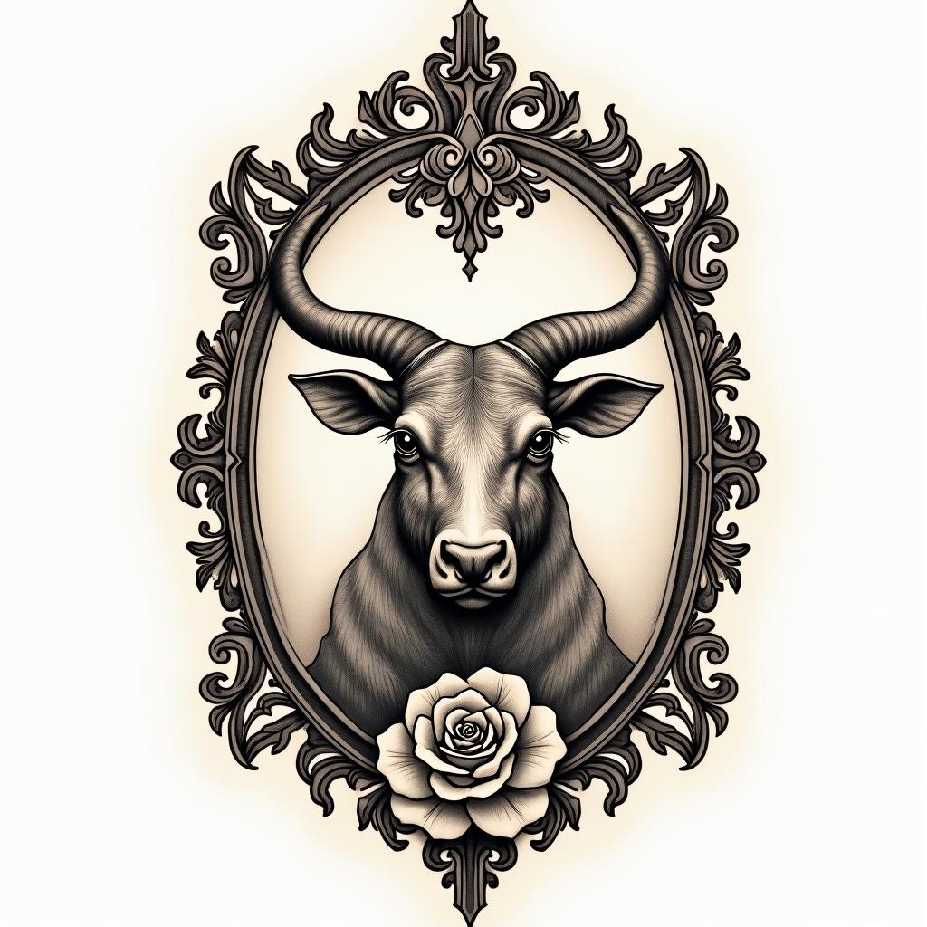 May 15 Taurusin victorian style tattoo, featuring vintage and elegant elements, ornate frames, roses, antique, sepia-toned color scheme - Variation 3