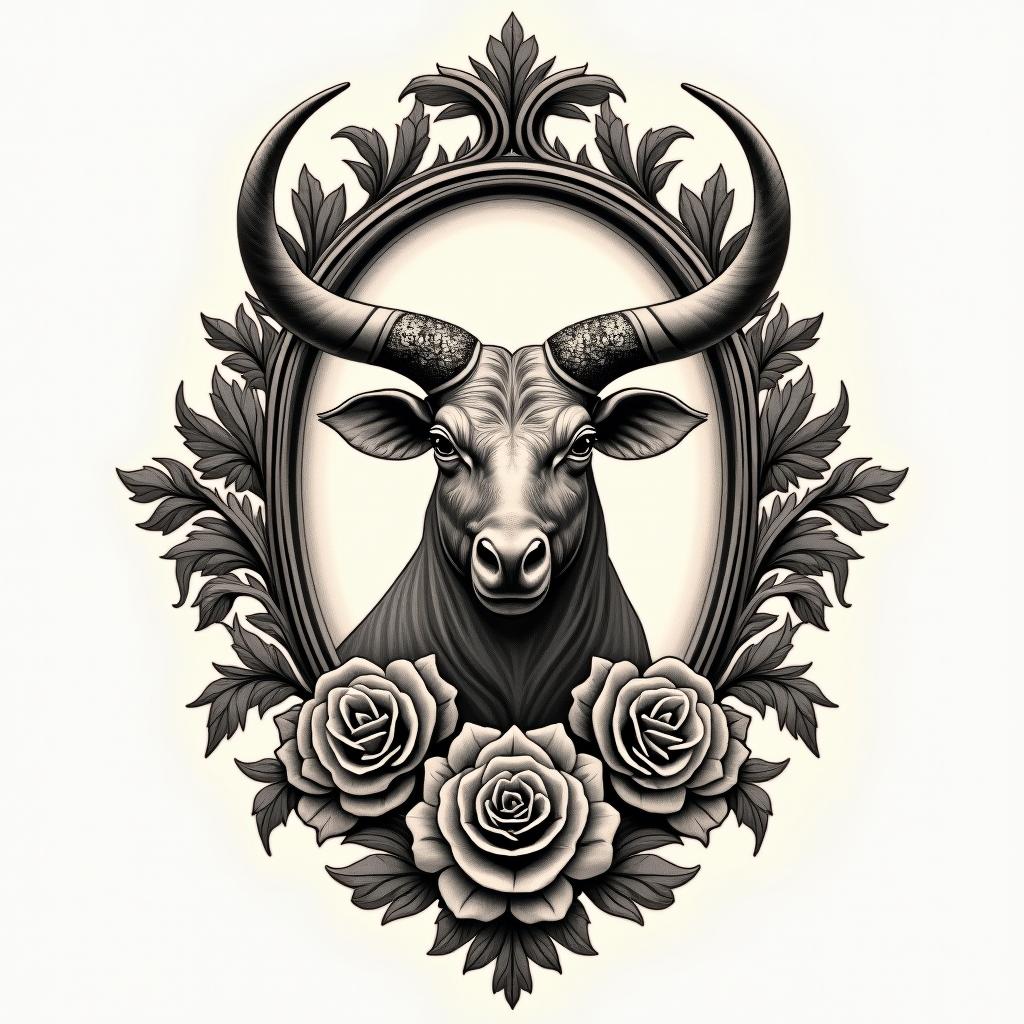 May 15 Taurusin victorian style tattoo, featuring vintage and elegant elements, ornate frames, roses, antique, sepia-toned color scheme - Variation 4