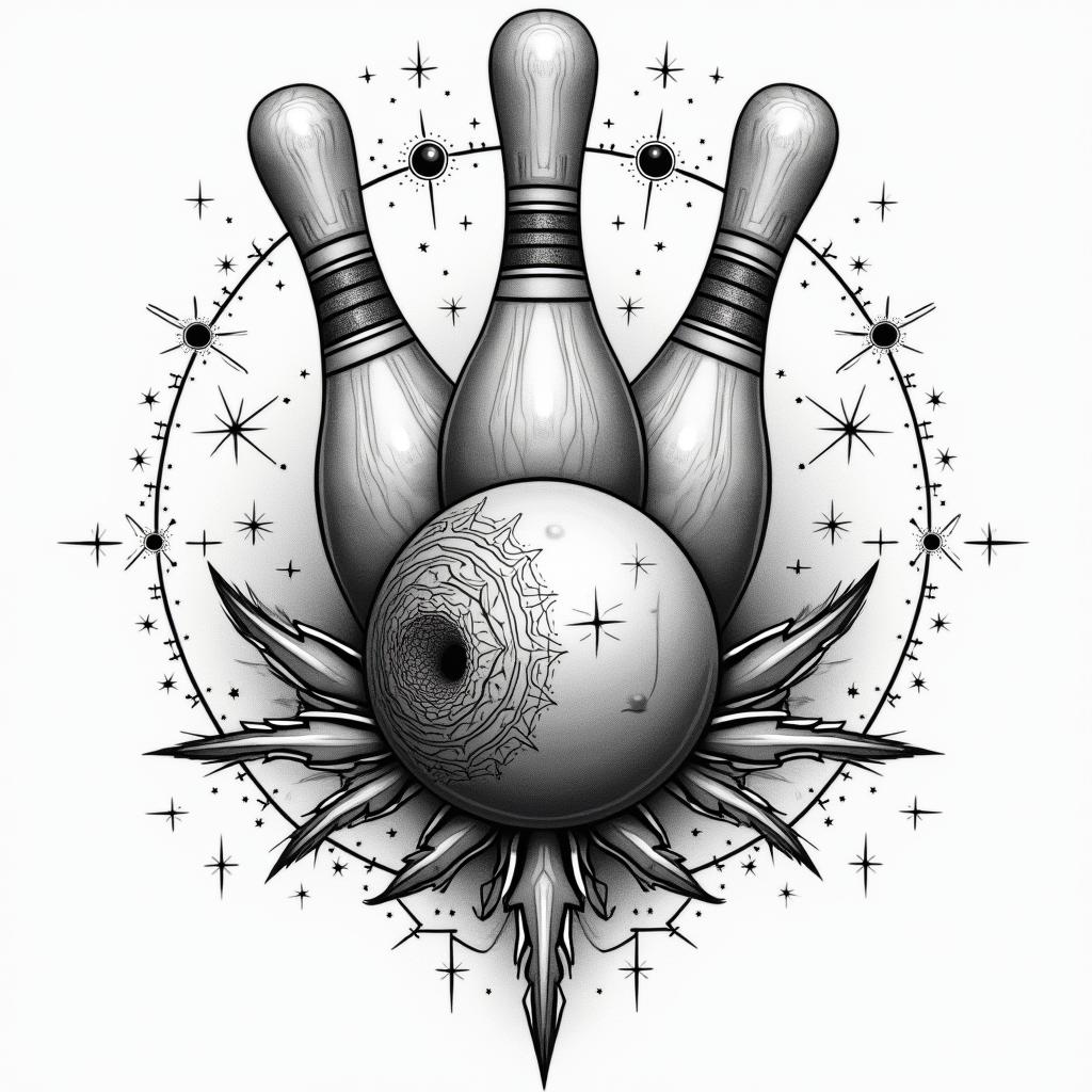 Bowling, pins, balls, successin prophecy tattoo style, featuring mystical symbols, celestial imagery like stars, moons, suns, geometric patterns, foretelling elements, an eye of wisdom - Variation 4