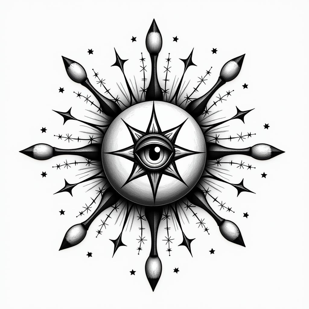 Bowling, pins, balls, successin prophecy tattoo style, featuring mystical symbols, celestial imagery like stars, moons, suns, geometric patterns, foretelling elements, an eye of wisdom - Variation 3