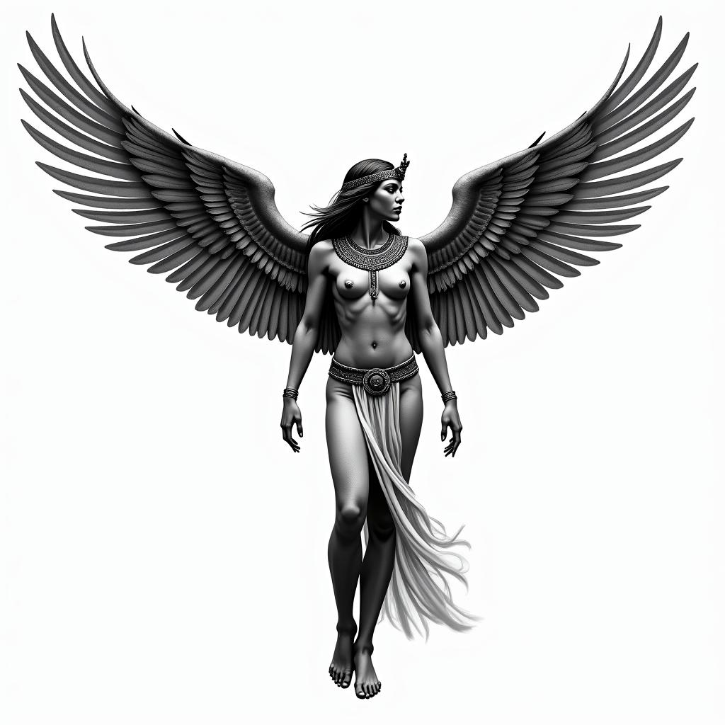 A realistic depiction of the Egyptian goddess Isis with wings that simulate flight, looking downwards. The design features intricate details reflecting her character, embodying a sense of movement without any background elements like hieroglyphics or landscapes.higly detailed tattoo - Variation 3