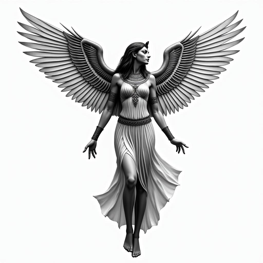 A realistic depiction of the Egyptian goddess Isis with wings that simulate flight, looking downwards. The design features intricate details reflecting her character, embodying a sense of movement without any background elements like hieroglyphics or landscapes.higly detailed tattoo - Variation 4