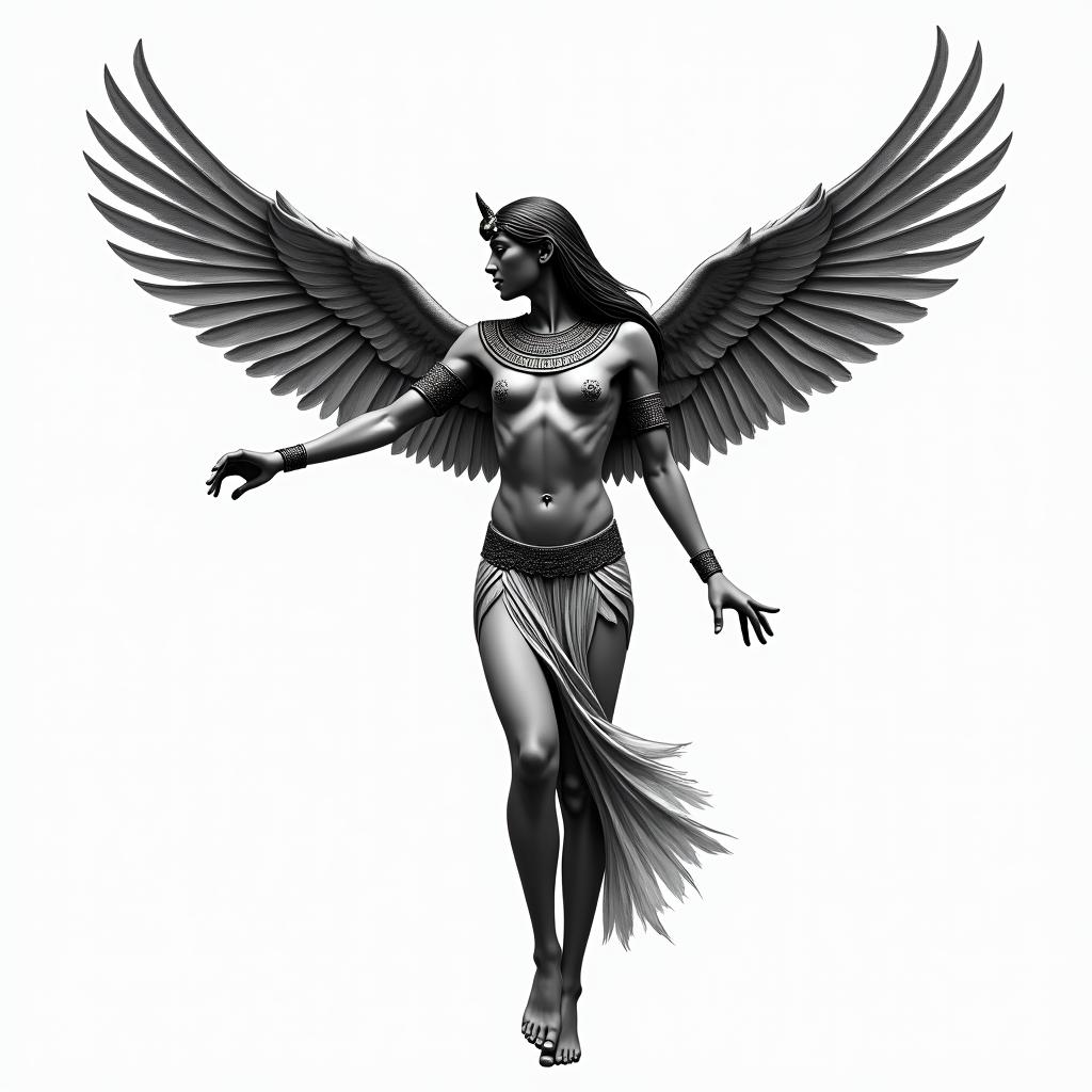 A realistic depiction of the Egyptian goddess Isis with wings that simulate flight, looking downwards. The design features intricate details reflecting her character, embodying a sense of movement without any background elements like hieroglyphics or landscapes.higly detailed tattoo