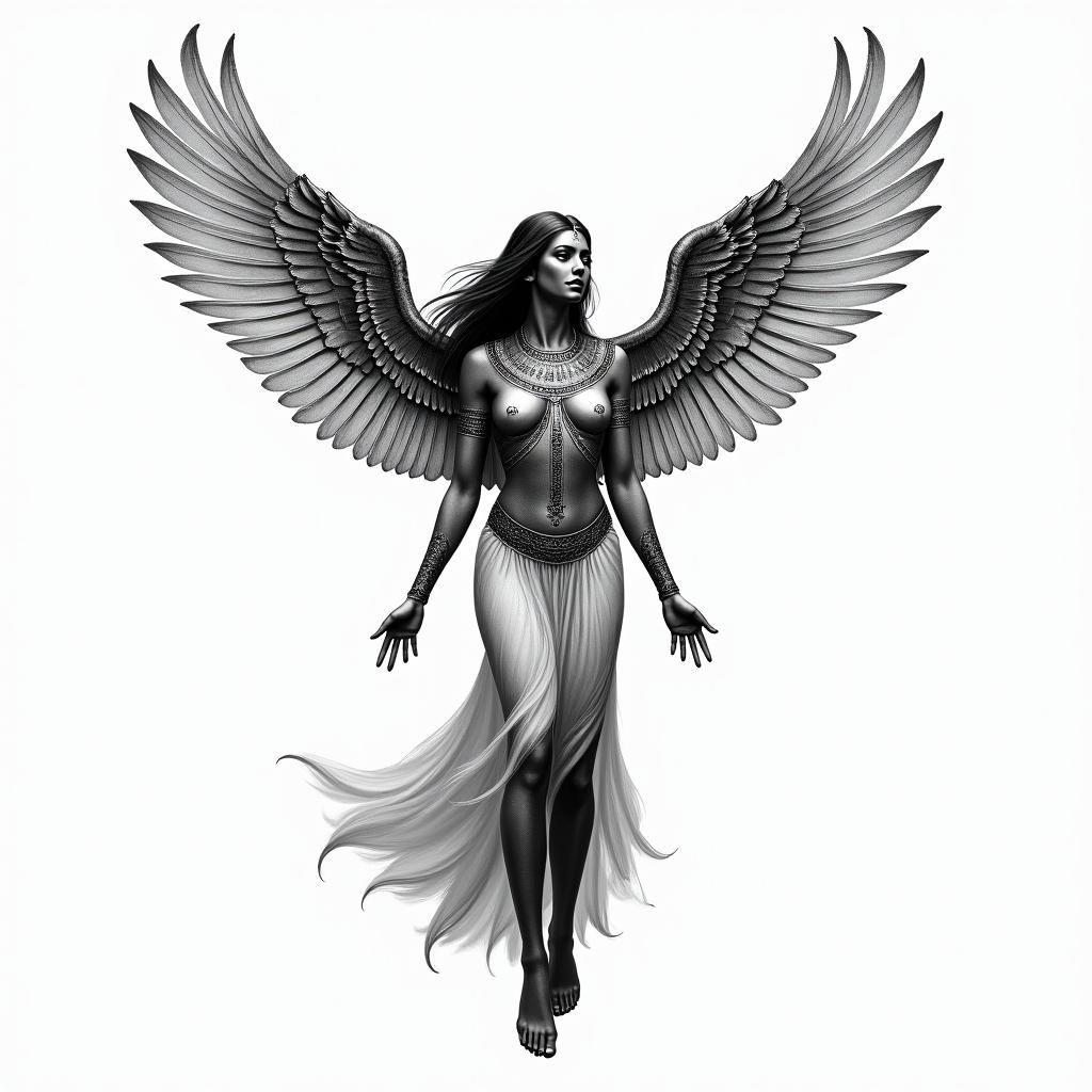 A realistic depiction of the Egyptian goddess Isis with wings that simulate flight, looking downwards. The design features intricate details reflecting her character, embodying a sense of movement without any background elements like hieroglyphics or landscapes.higly detailed tattoo - Variation 2