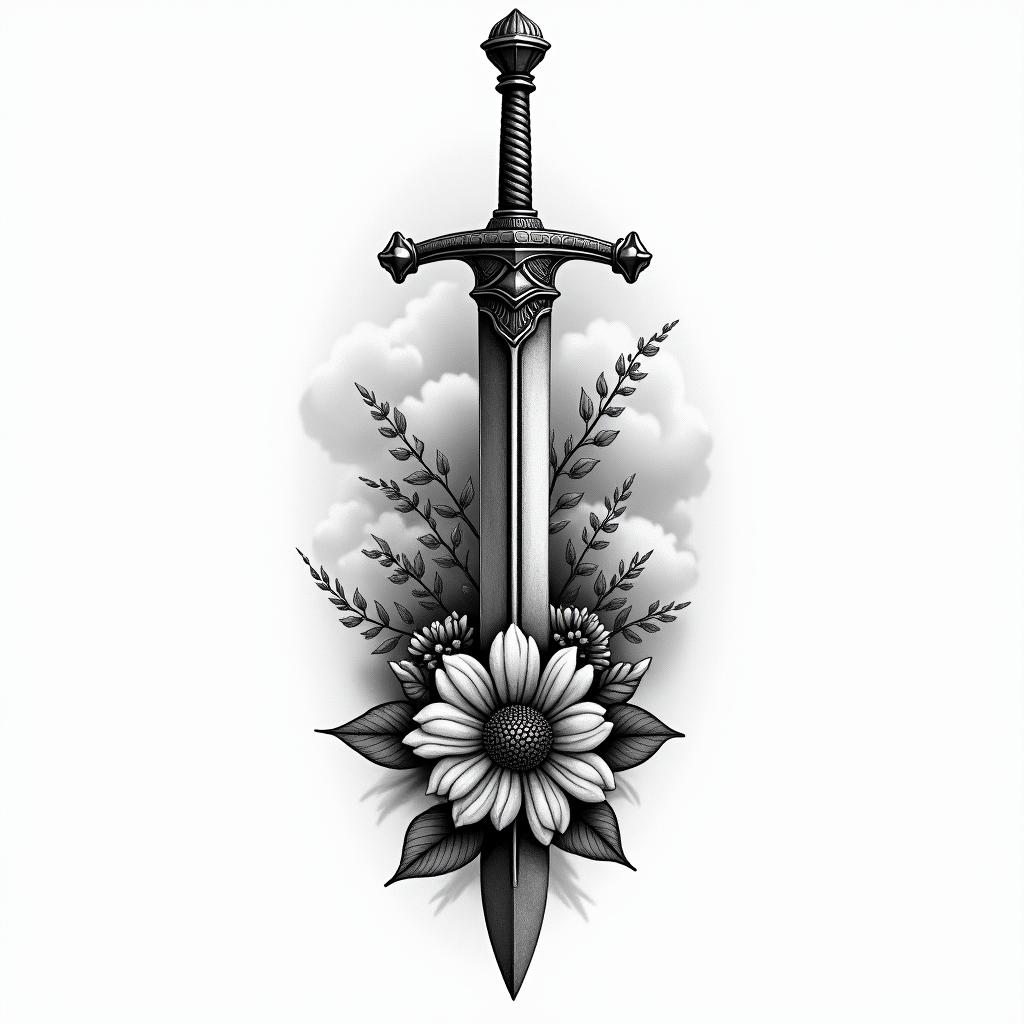 A medium-sized tattoo design for a right forearm, featuring a bold sword crossed with a regal crown, intertwined with a valiant knight in armor, symbolizing bravery and resilience. The background includes soft clouds and delicate flowers to add a light and hopeful touch, representing the journey of life over the years.higly detailed tattoo - Variation 4