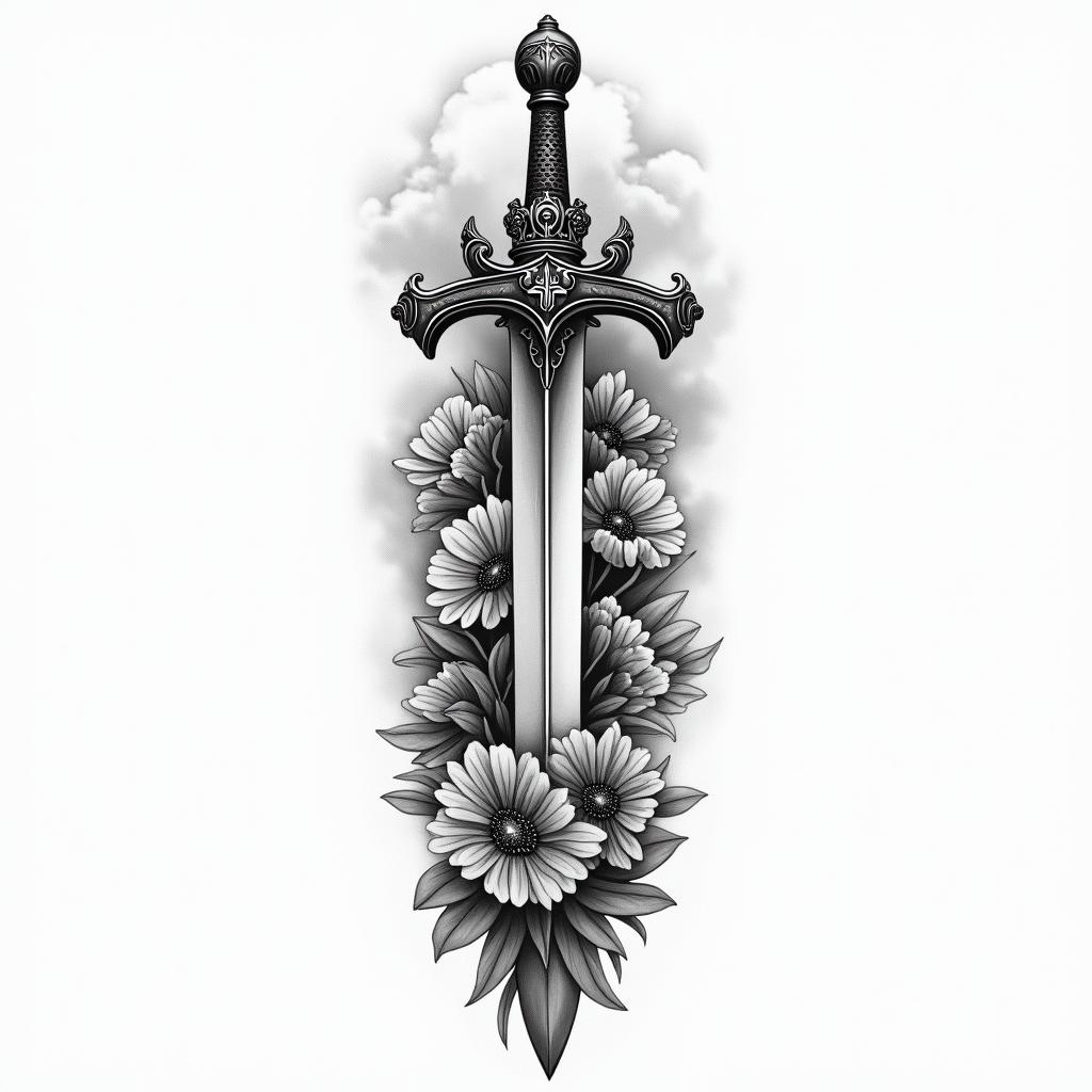 A medium-sized tattoo design for a right forearm, featuring a bold sword crossed with a regal crown, intertwined with a valiant knight in armor, symbolizing bravery and resilience. The background includes soft clouds and delicate flowers to add a light and hopeful touch, representing the journey of life over the years.higly detailed tattoo - Variation 3