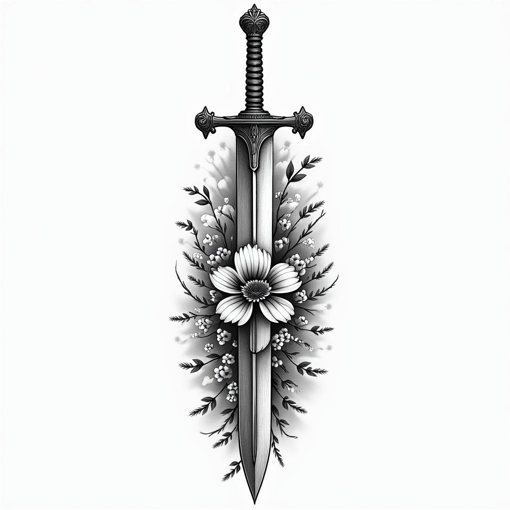 A medium-sized tattoo design for a right forearm, featuring a bold sword crossed with a regal crown, intertwined with a valiant knight in armor, symbolizing bravery and resilience. The background includes soft clouds and delicate flowers to add a light and hopeful touch, representing the journey of life over the years.higly detailed tattoo