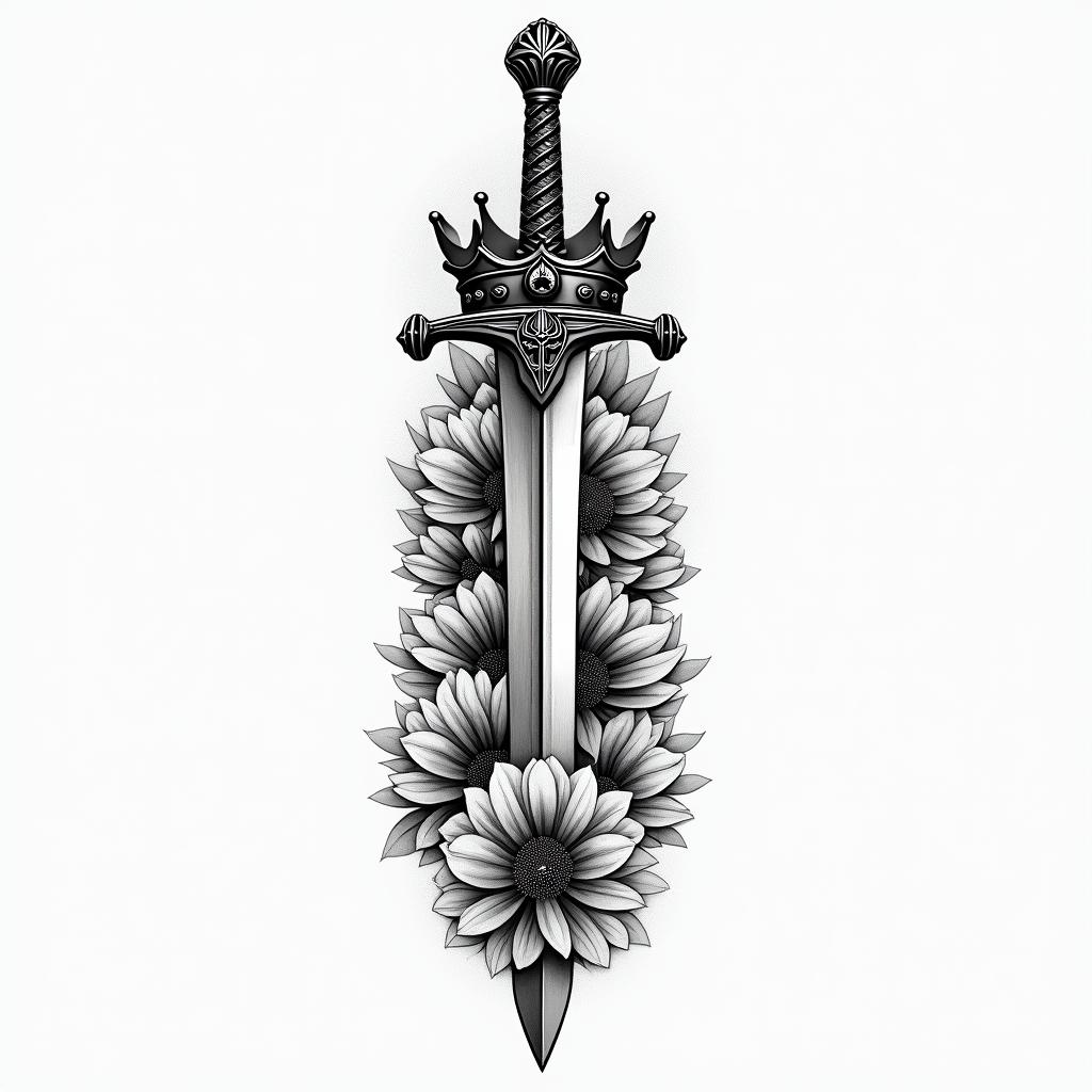 A medium-sized tattoo design for a right forearm, featuring a bold sword crossed with a regal crown, intertwined with a valiant knight in armor, symbolizing bravery and resilience. The background includes soft clouds and delicate flowers to add a light and hopeful touch, representing the journey of life over the years.higly detailed tattoo - Variation 2