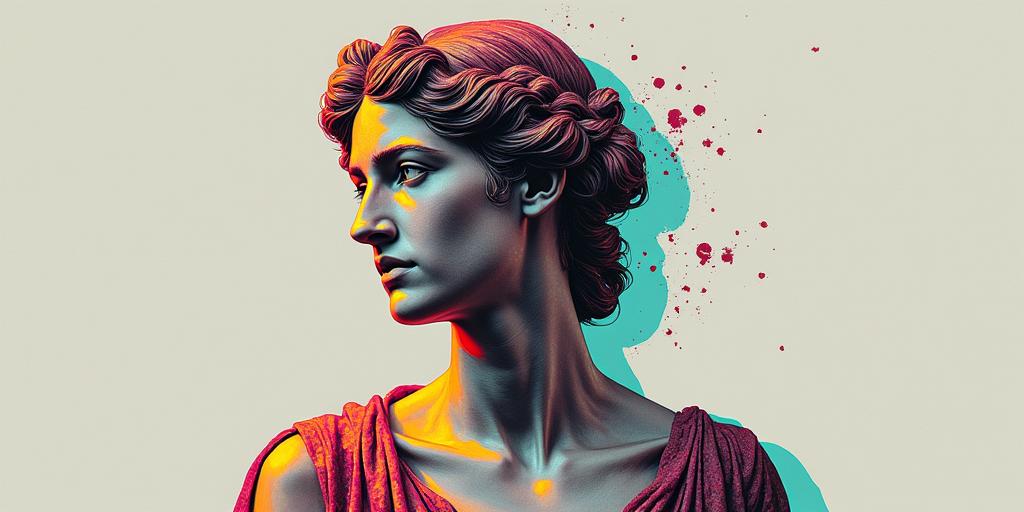 Me in past lifein distorted and fragmented tattoo design, featuring a classical statue bust, in a glitch art style with vibrant, overlapping colors of cyan, magenta, and yellow, creating a digital distortion effect