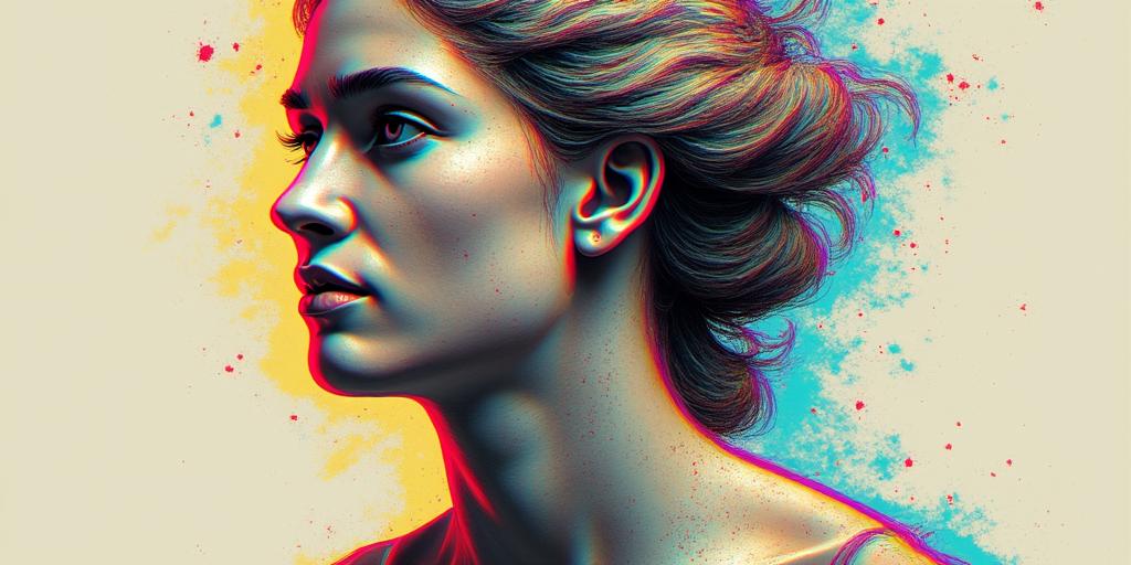Me in past lifein distorted and fragmented tattoo design, featuring a classical statue bust, in a glitch art style with vibrant, overlapping colors of cyan, magenta, and yellow, creating a digital distortion effect - Variation 3