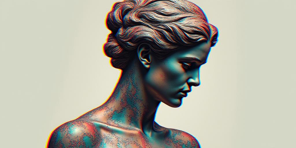 Me in past lifein distorted and fragmented tattoo design, featuring a classical statue bust, in a glitch art style with vibrant, overlapping colors of cyan, magenta, and yellow, creating a digital distortion effect - Variation 2