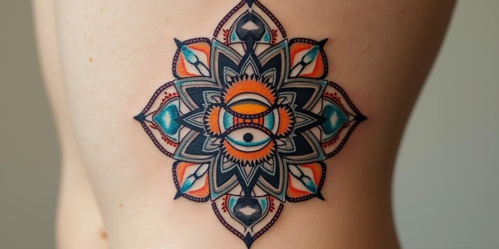 Me in past lifein spiritual symbols tattoo style, featuring an intricate design incorporating elements, Hamsa hand, third eye, minimalist composition - Variation 2
