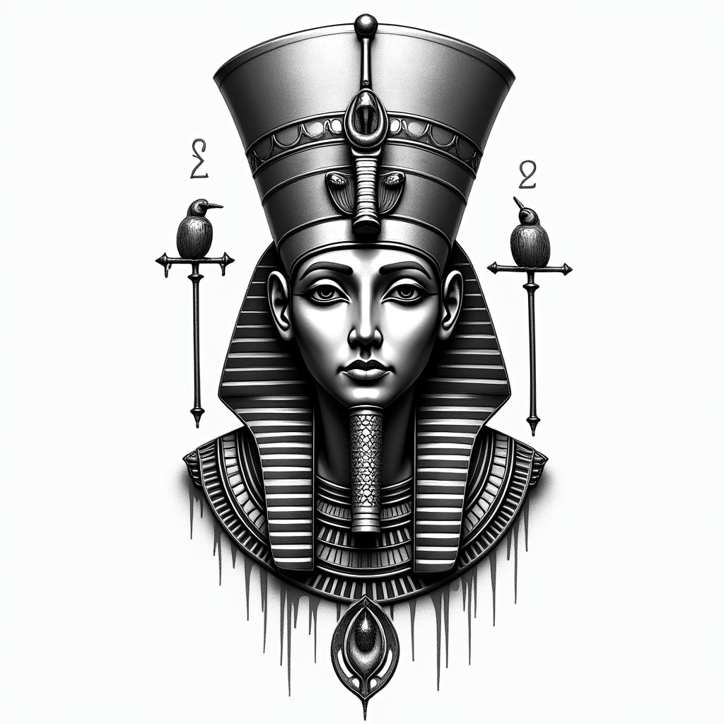 Uniquein egyptian style tattoo, bold elements of ancient egyptian culture including a portrait of an Egyptian pharaoh with detailed facial features, in hieroglyphs and symbolic imagery, eye of horus, ankh symbol, scarab beetle - Variation 3