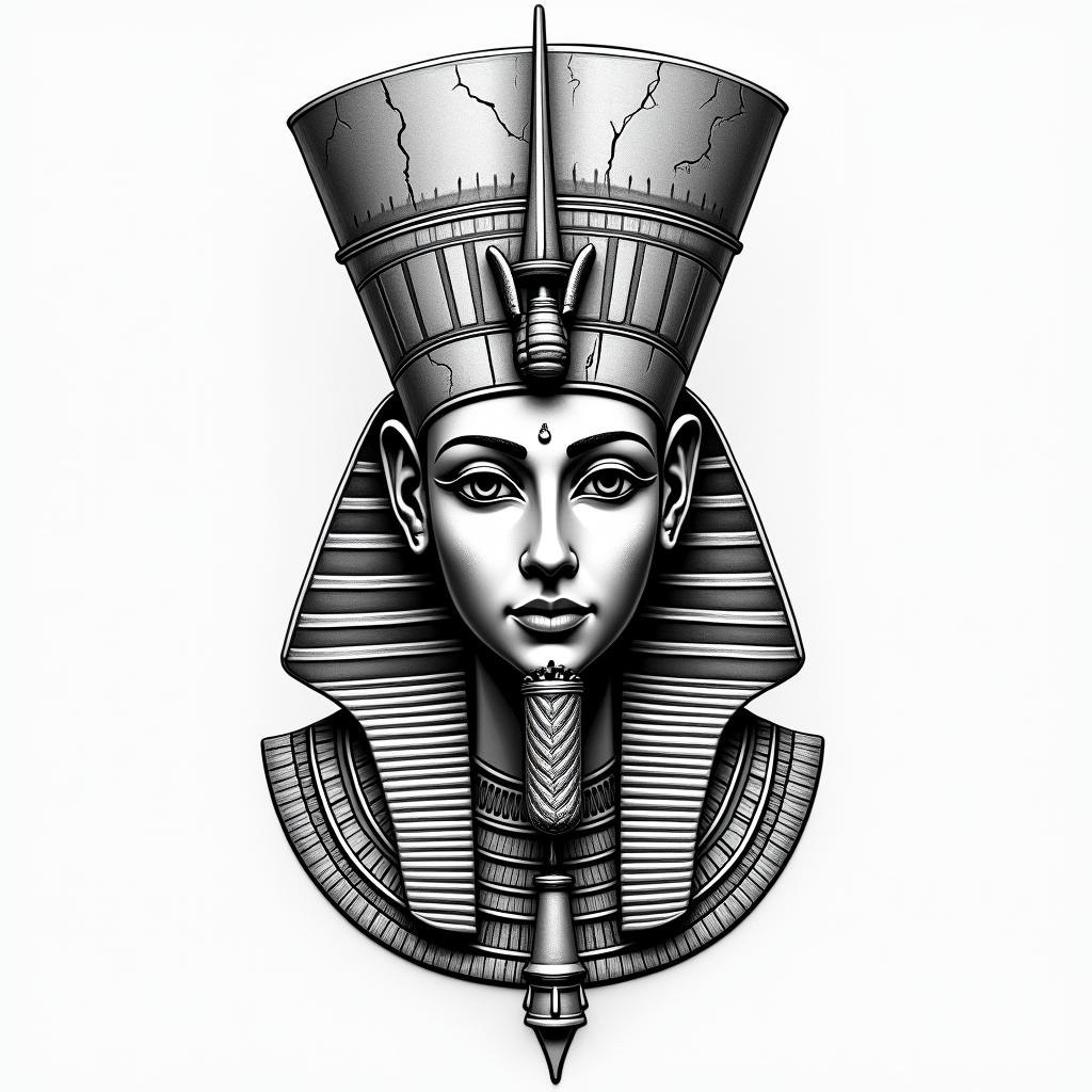 Uniquein egyptian style tattoo, bold elements of ancient egyptian culture including a portrait of an Egyptian pharaoh with detailed facial features, in hieroglyphs and symbolic imagery, eye of horus, ankh symbol, scarab beetle - Variation 4