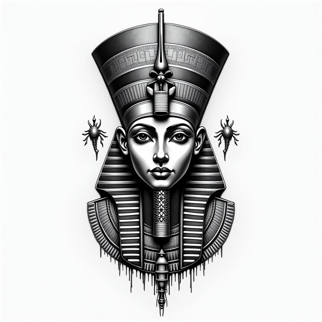 Uniquein egyptian style tattoo, bold elements of ancient egyptian culture including a portrait of an Egyptian pharaoh with detailed facial features, in hieroglyphs and symbolic imagery, eye of horus, ankh symbol, scarab beetle - Variation 2