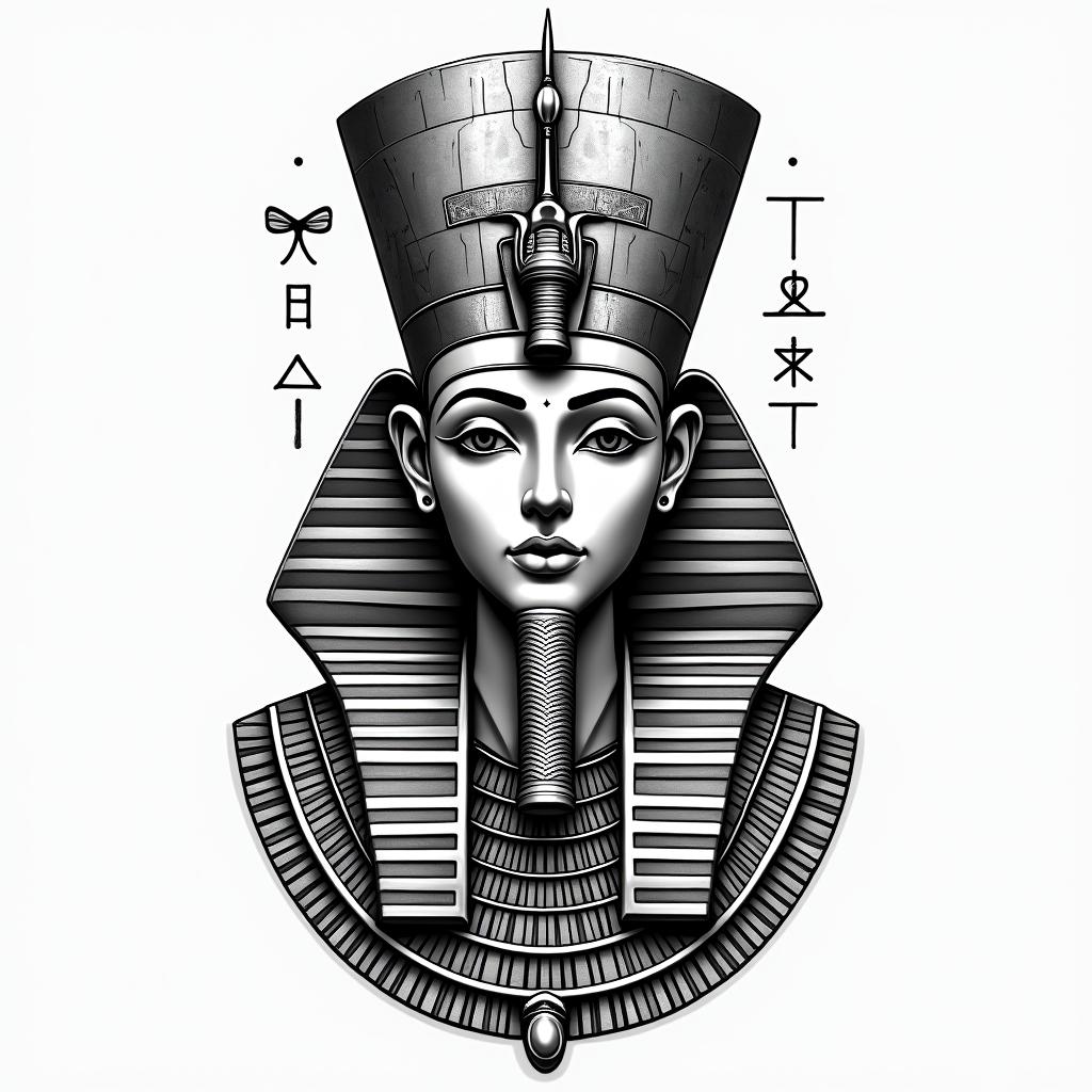 Uniquein egyptian style tattoo, bold elements of ancient egyptian culture including a portrait of an Egyptian pharaoh with detailed facial features, in hieroglyphs and symbolic imagery, eye of horus, ankh symbol, scarab beetle