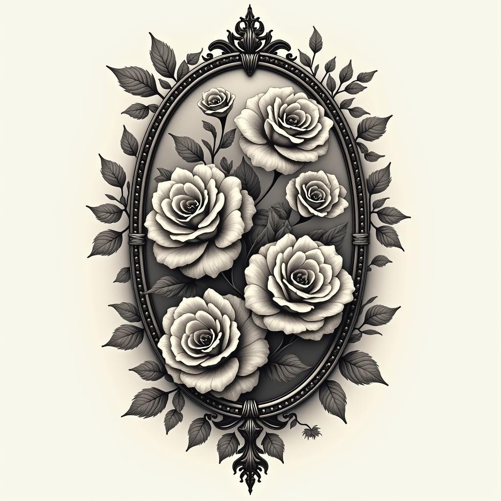 Mind over matterin victorian style tattoo, featuring vintage and elegant elements, ornate frames, roses, antique, sepia-toned color scheme - Variation 4