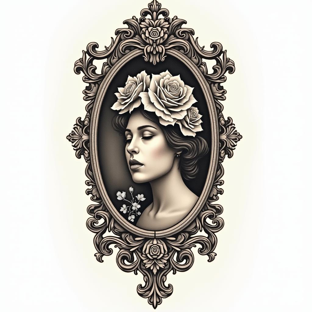 Mind over matterin victorian style tattoo, featuring vintage and elegant elements, ornate frames, roses, antique, sepia-toned color scheme