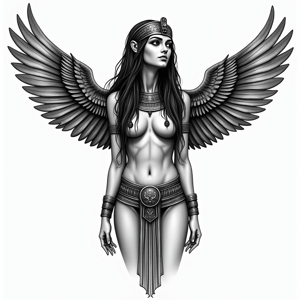 Woman with wings that looks like she is flying, looking down, inspired by the goddess Isis but with clothing that simulates being wet.in egyptian style tattoo, bold elements of ancient egyptian culture including a portrait of an Egyptian pharaoh with detailed facial features, in hieroglyphs and symbolic imagery, eye of horus, ankh symbol, scarab beetle - Variation 3
