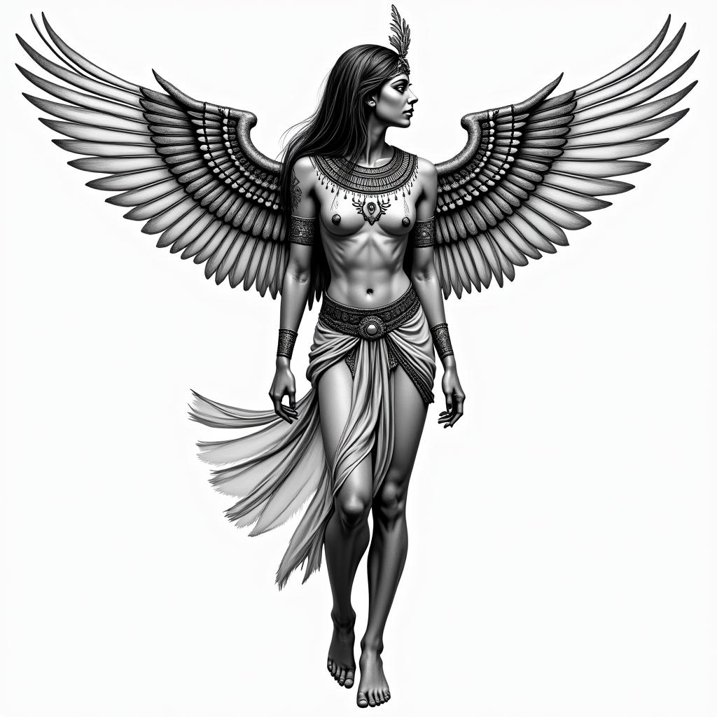 Woman with wings that looks like she is flying, looking down, inspired by the goddess Isis but with clothing that simulates being wet.in egyptian style tattoo, bold elements of ancient egyptian culture including a portrait of an Egyptian pharaoh with detailed facial features, in hieroglyphs and symbolic imagery, eye of horus, ankh symbol, scarab beetle