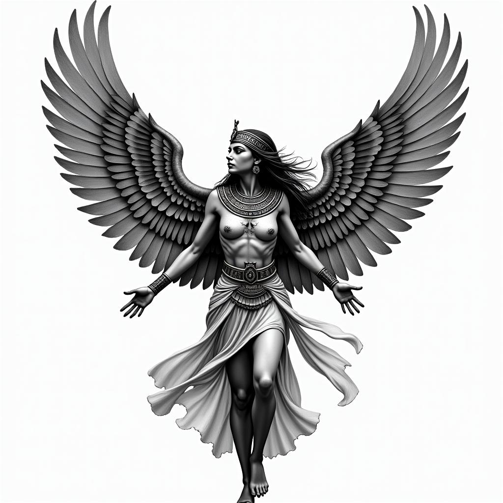 Woman with wings that looks like she is flying, looking down, inspired by the goddess Isis but with clothing that simulates being wet.in egyptian style tattoo, bold elements of ancient egyptian culture including a portrait of an Egyptian pharaoh with detailed facial features, in hieroglyphs and symbolic imagery, eye of horus, ankh symbol, scarab beetle - Variation 2