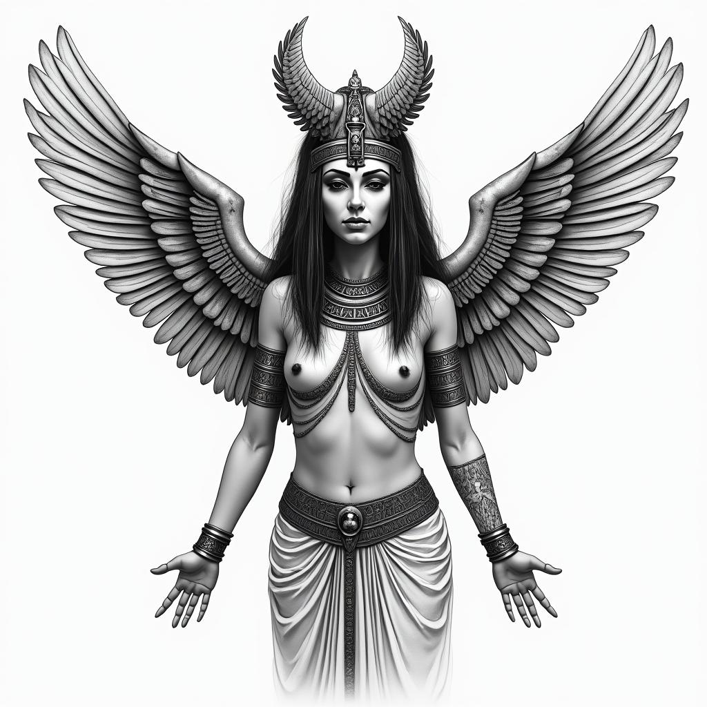 Woman with wings that looks like she is flying, looking down, inspired by the goddess Isis but with clothing that simulates being wet.in egyptian style tattoo, bold elements of ancient egyptian culture including a portrait of an Egyptian pharaoh with detailed facial features, in hieroglyphs and symbolic imagery, eye of horus, ankh symbol, scarab beetle - Variation 4