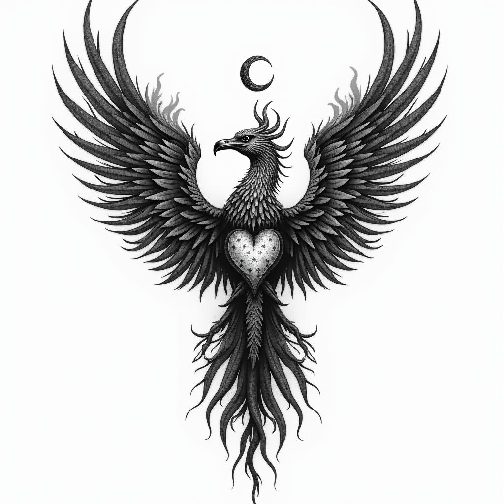 Phoenix, broken heart, ashes,flamesin paganic style tattoo, featuring ancient symbols, add vegvisir symbol, mystical figures, incorporating designs, pentagrams, runes, crescent moons, - Variation 3