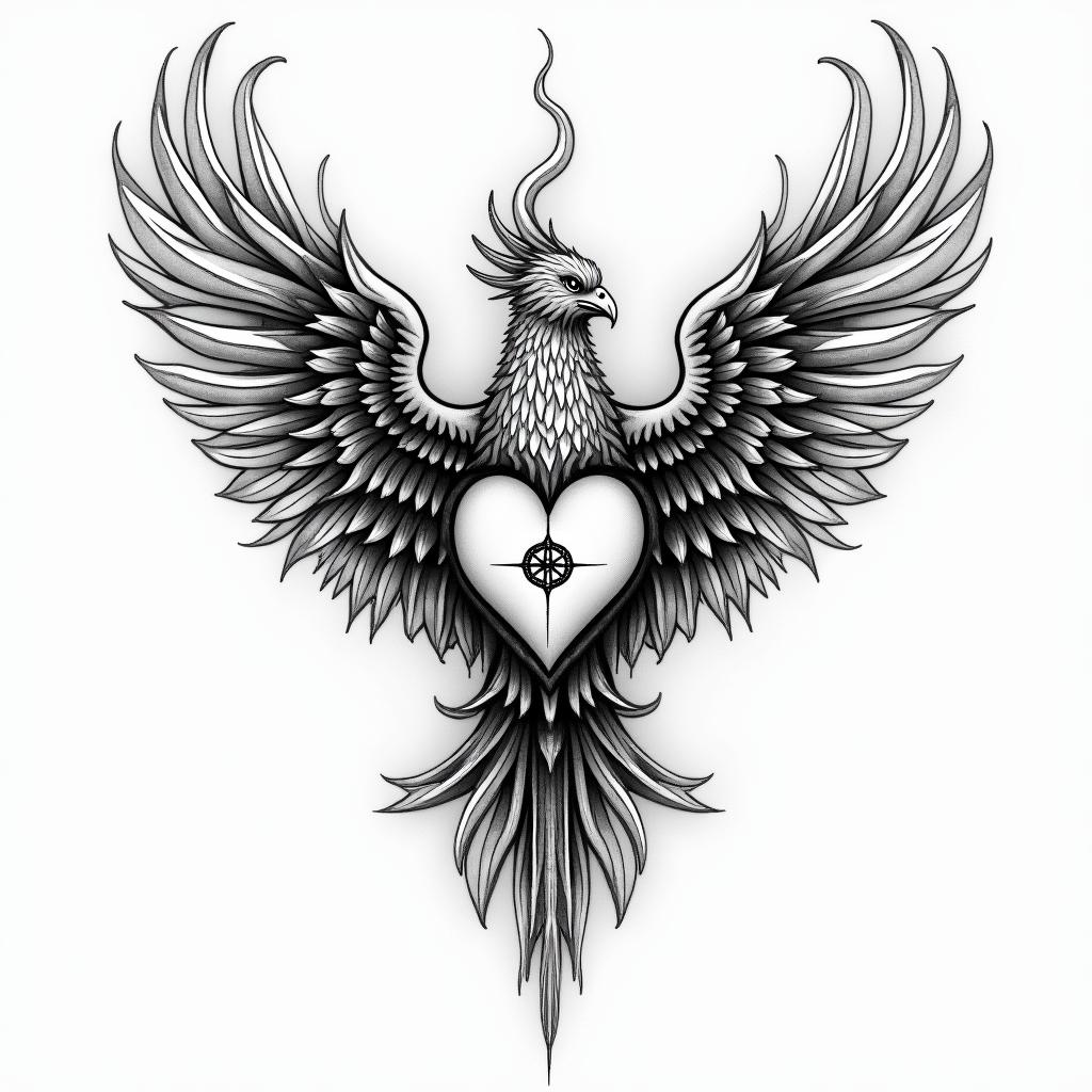 Phoenix, broken heart, ashes,flamesin paganic style tattoo, featuring ancient symbols, add vegvisir symbol, mystical figures, incorporating designs, pentagrams, runes, crescent moons, - Variation 4