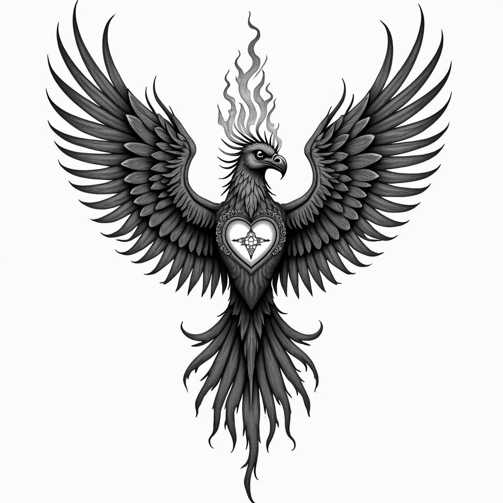 Phoenix, broken heart, ashes,flamesin paganic style tattoo, featuring ancient symbols, add vegvisir symbol, mystical figures, incorporating designs, pentagrams, runes, crescent moons,