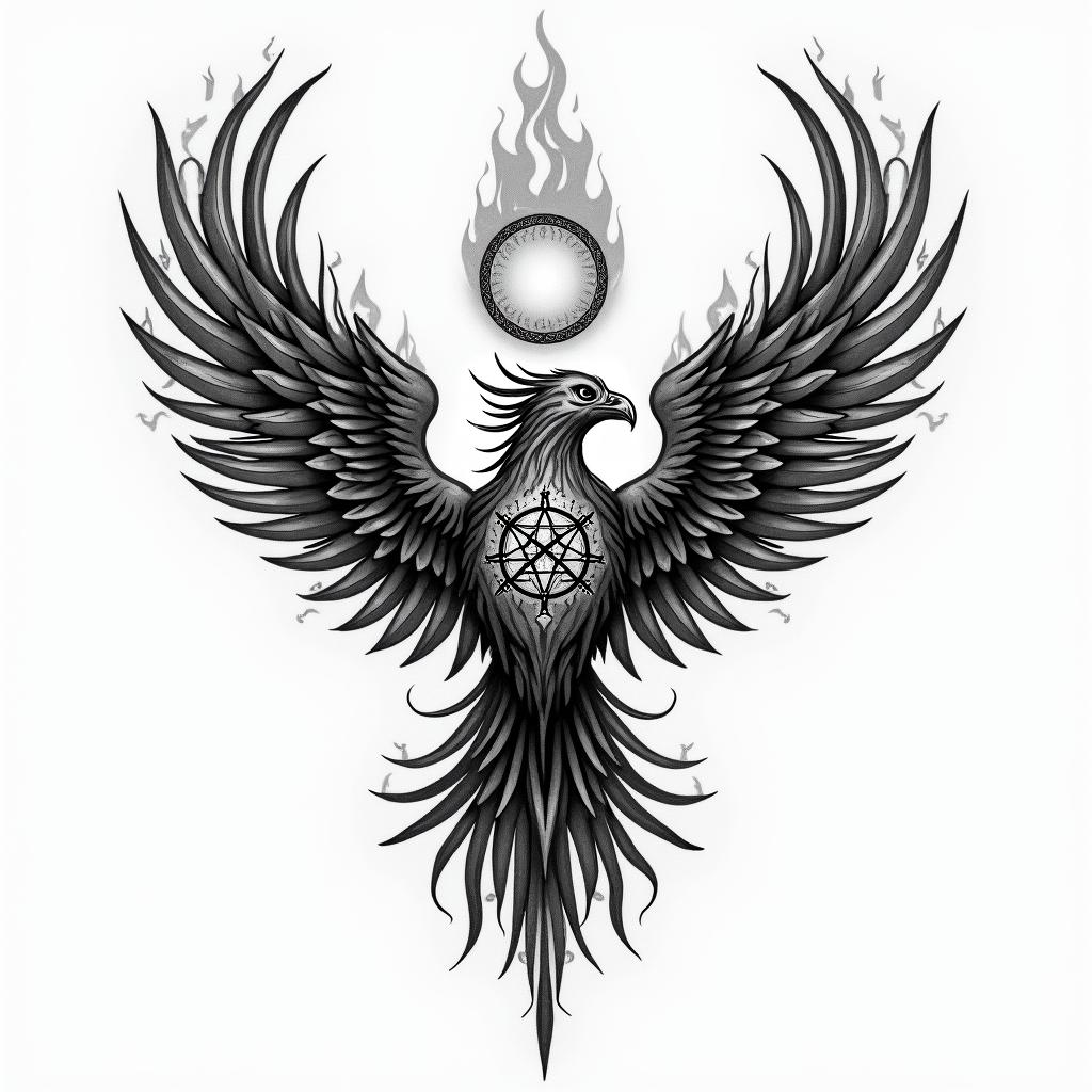 Phoenix, broken heart, ashes,flamesin paganic style tattoo, featuring ancient symbols, add vegvisir symbol, mystical figures, incorporating designs, pentagrams, runes, crescent moons, - Variation 2