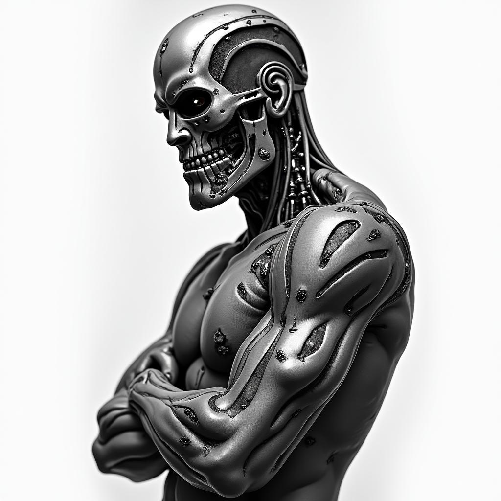 Picture of Terminator Arm tattoos on armsin portrait tattoo style, featuring a highly realistic and detailed depiction 