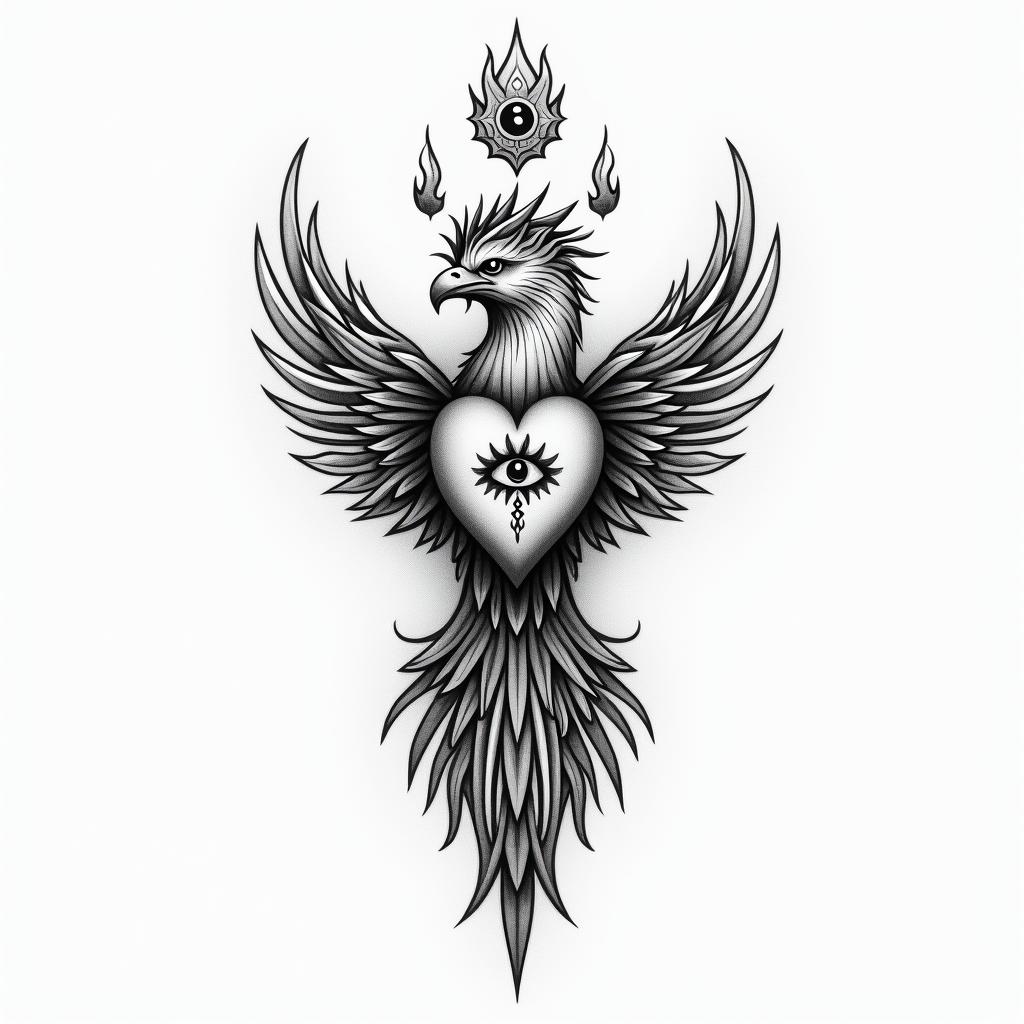 Phoenix, broken heart, ashes,flamesin spiritual symbols tattoo style, featuring an intricate design incorporating elements, Hamsa hand, third eye, minimalist composition - Variation 2