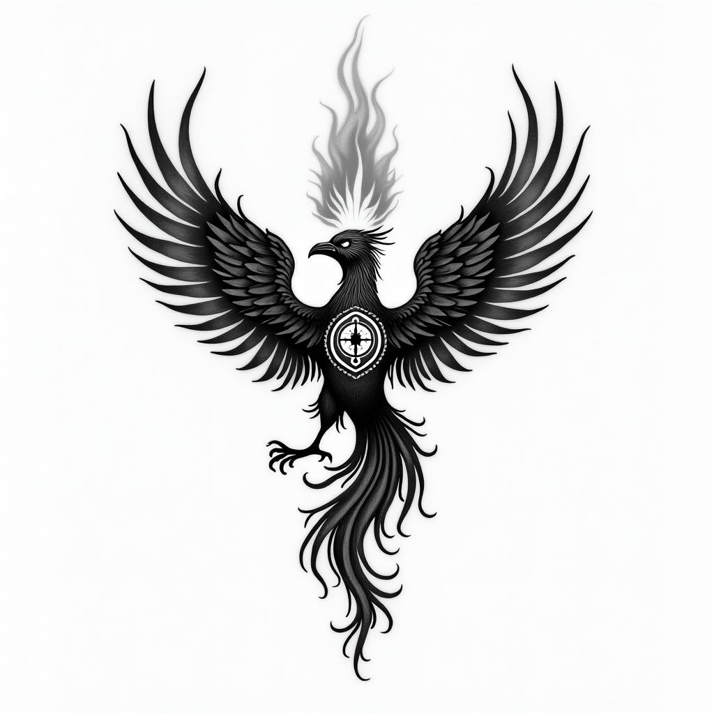 Phoenix, broken heart, ashes,flamesin spiritual symbols tattoo style, featuring an intricate design incorporating elements, Hamsa hand, third eye, minimalist composition