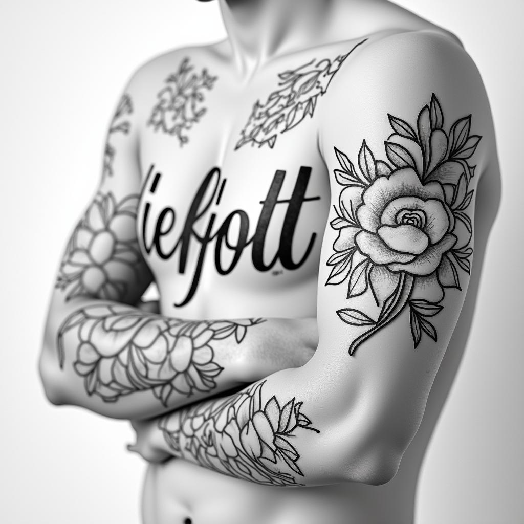 Unique namein elegant cursive calligraphy style 2d tattoo, decorate with roses, featuring a smooth and flowing handwritten script with slightly thickened strokes for a luxurious and bold appearance,  heart symbol between names,  sleek and glossy black text with shadowing, minimalist matte white background, clean and sharp edges, illuminated with soft lighting, romantic, 8k, high-quality textures with refined typography - Variation 4