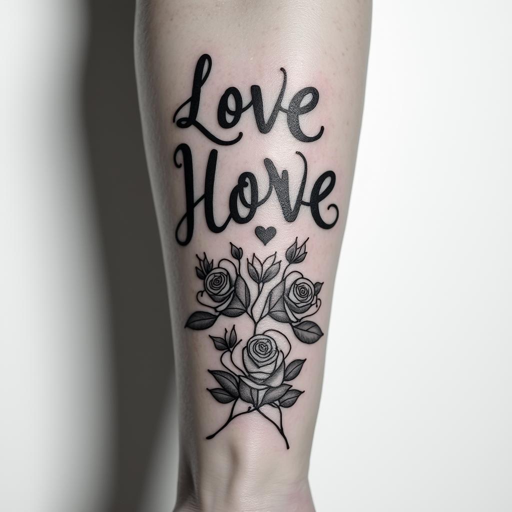 Unique namein elegant cursive calligraphy style 2d tattoo, decorate with roses, featuring a smooth and flowing handwritten script with slightly thickened strokes for a luxurious and bold appearance,  heart symbol between names,  sleek and glossy black text with shadowing, minimalist matte white background, clean and sharp edges, illuminated with soft lighting, romantic, 8k, high-quality textures with refined typography - Variation 2